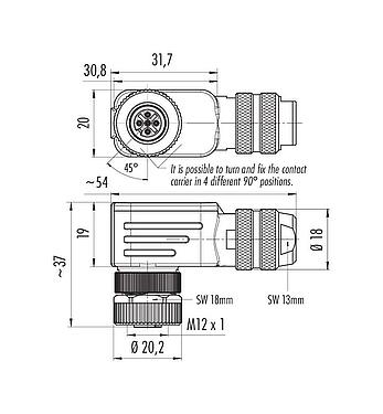 Scale drawing M12 Female angled connector, Contacts: 5, 4.0-6.0 mm, shieldable, screw clamp, IP67, UL 2238, with shielding ring