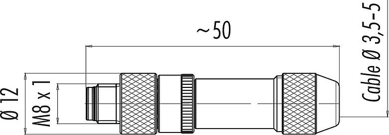 比例图 M8 直头针头电缆连接器, 极数: 4, 3.5-5.0mm, 可接屏蔽, 焊接, IP67, UL 2238