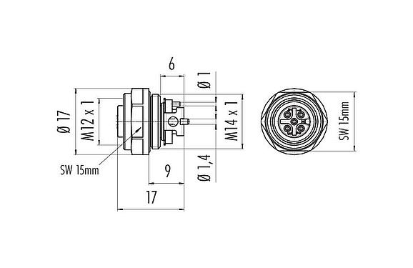 比例图 M12 孔头法兰座, 极数: 5, 非屏蔽, SMT, IP67, M14x1.0, 板前安装