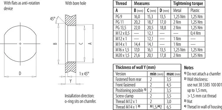 安装说明 M12 针头法兰座, 极数: 5, 非屏蔽, 螺钉接线, IP67, UL 2238, M20x1.5, 板前安装, 用于供电