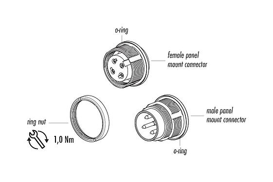 组件图纸 M16 针头法兰座, 极数: 6 (06-a), 非屏蔽, 焊接, IP67, UL 2238, M18x0,75, 後壁安裝