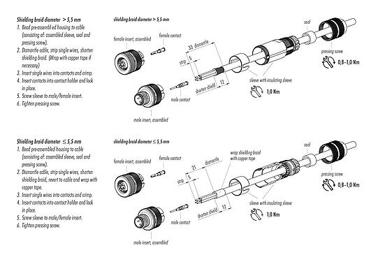 Assembly instructions 99 1434 814 04 - M12 Female cable connector, Contacts: 4, 5.0-8.0 mm, shieldable, crimping (Crimp contacts must be ordered separately), IP67, UL