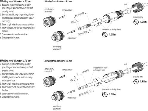 装配说明 M12 直头针头电缆连接器, 极数: 4, 5.0-8.0mm, 可接屏蔽, 压接(压接触点必须单独订购), IP67, UL 2238