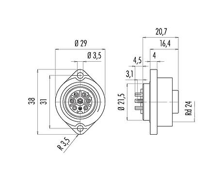 Scale drawing RD24 Female panel mount connector, Contacts: 6+PE, unshielded, solder, IP67, UL, ESTI+, VDE, Front mounting