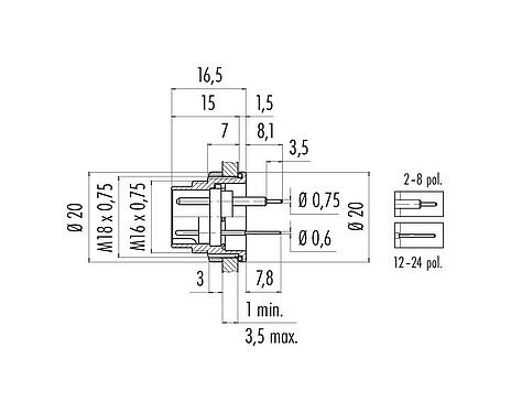 Scale drawing M16 Male panel mount connector, Contacts: 8 (08-a), unshielded, THT, IP68, UL 2238, AISG compliant, M18x0,75, Rear mounting