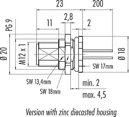 比例图 M12 针头法兰座, 极数: 8, 非屏蔽, 带导线, IP68, UL 2238, PG 9, 後壁安裝
