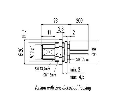 Scale drawing 76 0531 1011 00004-0200 - M12 Male panel mount connector, Contacts: 4, unshielded, single wires, IP68, UL, PG 9, Rear Mounting