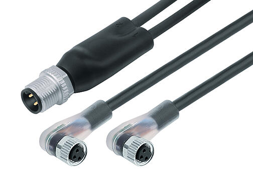 Illustration 77 9829 3608 50003-0100 - M12 Male duo connector - 2 female angled connector M8x1, Contacts: 4/3, unshielded, moulded on the cable, IP67, PUR, black, 3 x 0.34 mm², with LED PNP, 1 m
