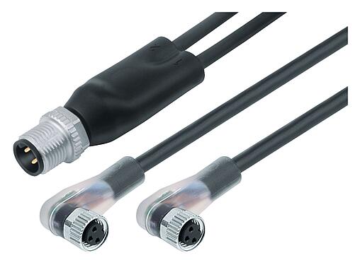 Illustration M12/M8 Male cable splitter - 2 female angled connector, Contacts: 4/3, unshielded, moulded on the cable, IP67, UL 2238, PUR, black, 3 x 0.34 mm², with LED PNP, 1 m