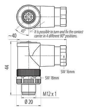 比例图 M12 弯角针头电缆连接器, 极数: 4, 6.0-8.0mm, 非屏蔽, 螺钉接线, IP67, UL 2238