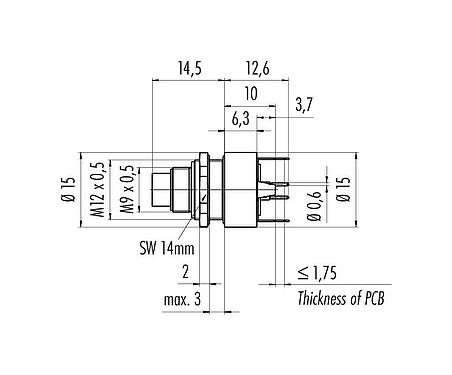 Scale drawing M9 Male panel mount connector, Contacts: 8, shieldable, THT, IP67, M12x0.5, Rear mounting, potted