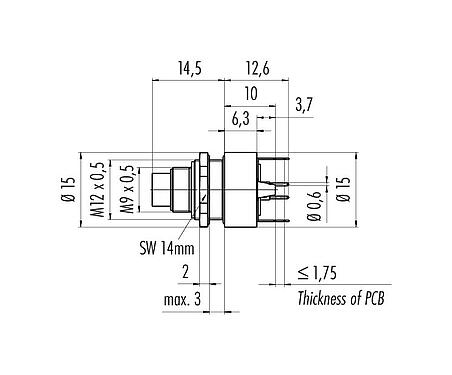 Scale drawing 09 0427 35 08 - M9 Male panel mount connector, Contacts: 8, shieldable, THT, IP67, front fastened
