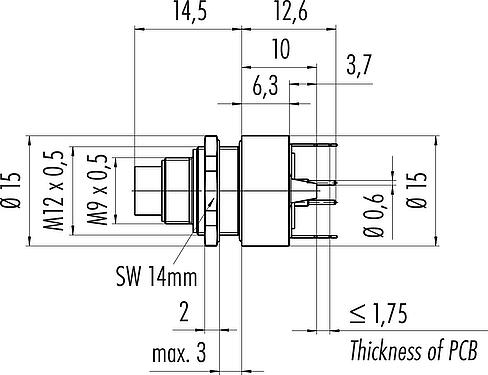 比例图 M9 针头法兰座, 极数: 3, 可接屏蔽, THT, IP67, M12x0.5, 後壁安裝, 模压成型