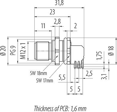 Scale drawing M12 Male panel mount connector, Contacts: 5, shieldable, THT, IP68, UL 2238, PG 9, Rear mounting, potted
