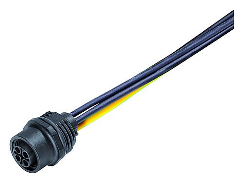 插图 M12 孔头法兰座, 极数: 4, 非屏蔽, 带导线, IP68, UL 2238, M16x1.5, 板前安装, 模压成型