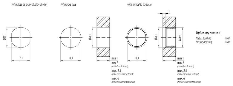 安装说明 M8 针头法兰座, 极数: 4, 非屏蔽, 带导线, IP67, M8x1.0, 後壁安裝