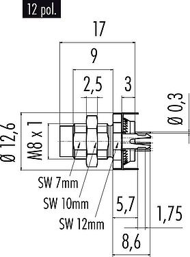 比例图 M8 Male panel mount connector, Contacts: 12, shieldable, THT, IP67/IP69K, UL 2238, M10x0.75, Rear mounting, potted