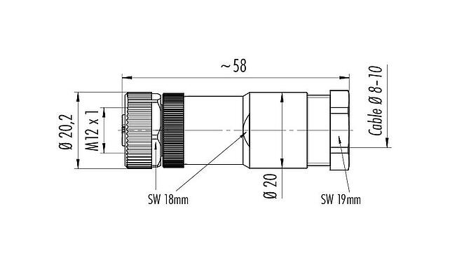 Scale drawing M12 Female cable connector, Contacts: 5, 6.0-8.0 mm, unshielded, screw clamp, IP67, UL 2238, VDE, for the power supply