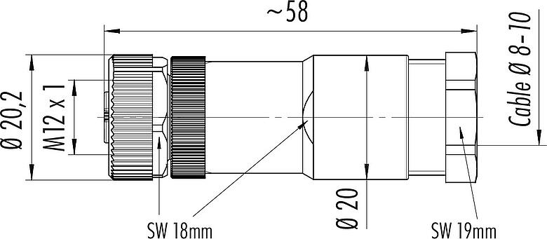 比例图 M12 直头孔头电缆连接器, 极数: 4, 8.0-10.0mm, 非屏蔽, 螺钉接线, IP67, UL 2238, VDE, PG 11, 用于供电