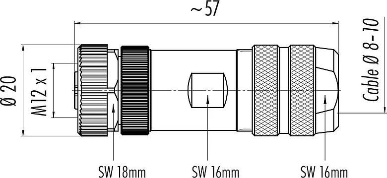 比例图 M12 直头孔头电缆连接器, 极数: 5, 8.0-10.0mm, 可接屏蔽, 螺钉接线, IP67, UL 2238, 带防护环