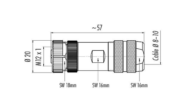 Scale drawing M12 Female cable connector, Contacts: 5, 8.0-10.0 mm, shieldable, screw clamp, IP67, UL 2238, with shielding ring