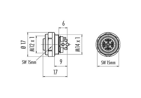 Scale drawing M12 Female panel mount connector, Contacts: 8, shieldable, SMT, IP68, M14x1.0, Rear mounting