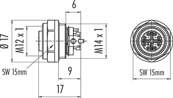比例图 M12 孔头法兰座, 极数: 8, 可接屏蔽, SMT, IP68, M14x1.0, 後壁安裝