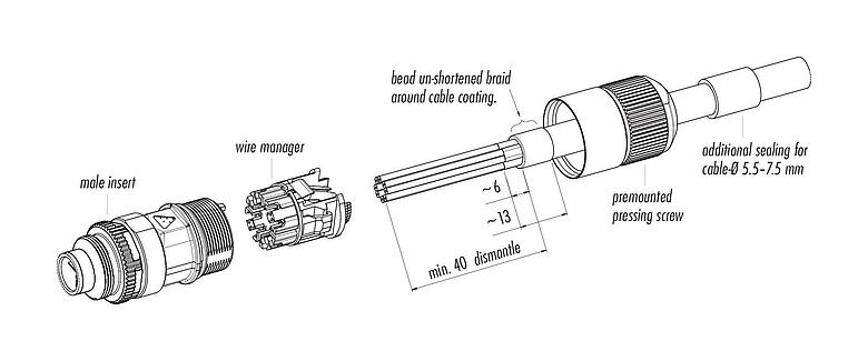 装配说明 M16 直头针头电缆连接器, 极数: 8, 5.5-9.0mm, 可接屏蔽, IDC, IP67
