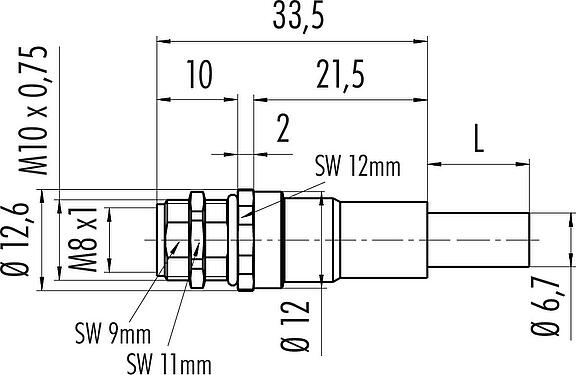 比例图 M8 孔头法兰座, 极数: 4, 屏蔽, 法兰座带电缆, IP67, M10x0.75, Ethernet, PUR, 绿色, 4xAWG 22, 後壁安裝, 模压成型, 0.5m