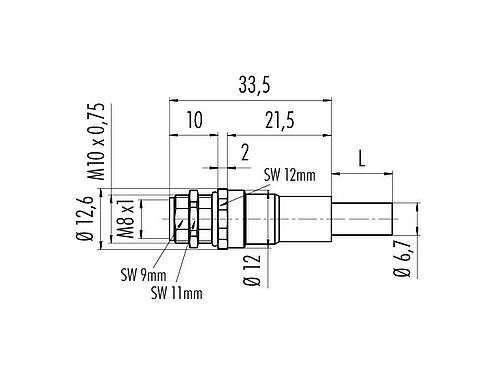 比例图 M8 孔头法兰座, 极数: 4, 屏蔽, 法兰座带电缆, IP67, M10x0.75, Ethernet, PUR, 绿色, 4xAWG 22, 後壁安裝, 模压成型, 0.5m
