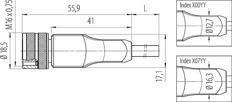 比例图 M16 直头孔头电缆连接器, 极数: 4, 屏蔽, 预铸电缆, IP67, PUR, 黑色, 4x0.34 mm², 2m