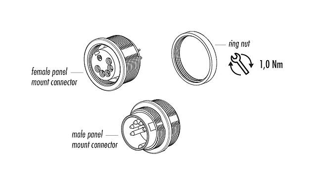 Component part drawing 09 0316 09 05 - M16 Female panel mount connector, Contacts: 5 (05-a), unshielded, solder, IP40