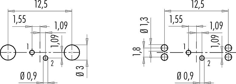 导体结构 M9 孔头法兰座, 极数: 2, 可接屏蔽, THT, IP67, M12x0.5, 後壁安裝, 模压成型