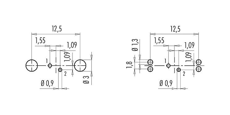 Conductor layout 09 0404 30 02 - M9 Female panel mount connector, Contacts: 2, shieldable, THT, IP67, front fastened