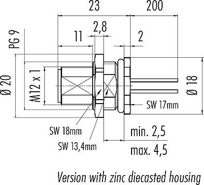 Scale drawing M12 Male panel mount connector, Contacts: 4, unshielded, single wires, IP68, UL 2238, PG 9, Rear mounting