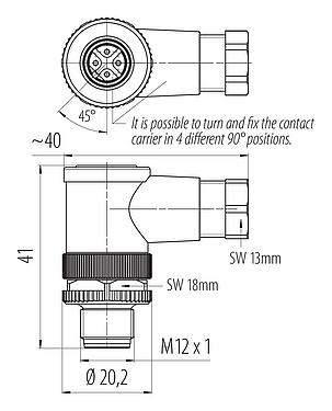 Scale drawing M12 Male angled connector, Contacts: 4, 4.0-6.0 mm, unshielded, screw clamp, IP67, UL 2238