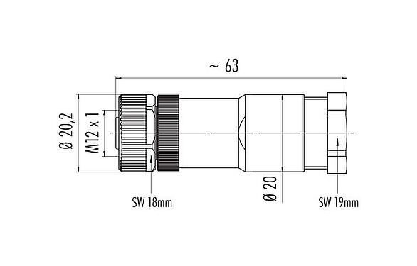 比例图 99 0486 29 08 - M12 直头孔头电缆连接器, 极数: 8, 8.0-10.0mm, 非屏蔽, 螺钉接线, IP67, UL, PG 11