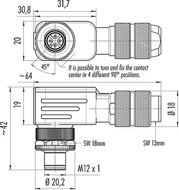 比例图 M12 弯角针头电缆连接器, 极数: 4, 5.0-8.0mm, 可接屏蔽, 螺钉接线, IP67, UL 2238, 鸢尾花