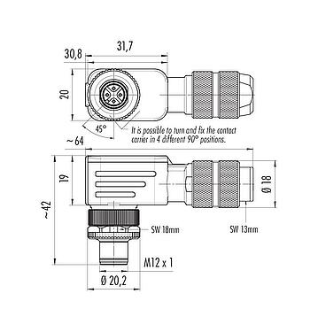 Scale drawing M12 Male angled connector, Contacts: 4, 5.0-8.0 mm, shieldable, screw clamp, IP67, UL 2238, iris spring