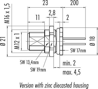 比例图 M12 针头法兰座, 极数: 8, 非屏蔽, 带导线, IP68, UL 2238, M16x1.5, 後壁安裝