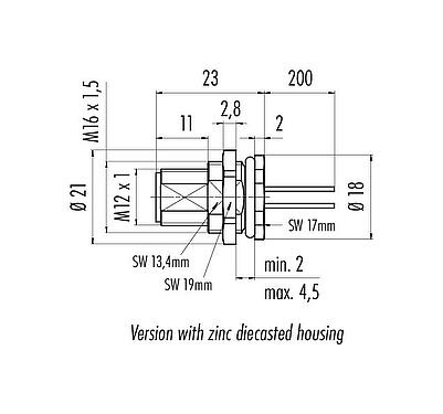 比例图 M12 针头法兰座, 极数: 12, 非屏蔽, 带导线, IP68, UL 2238, M16x1.5, 後壁安裝, 模压成型
