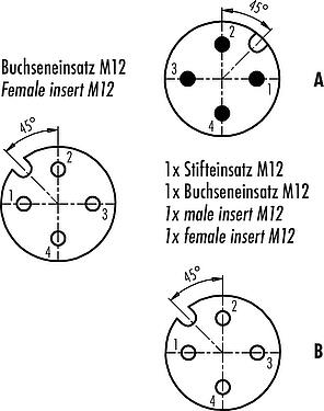 Contact arrangement (Plug-in side) M12 Twin distributors, Y-distributor, male connector - 2 female connector, Contacts: 4, unshielded, pluggable, IP68, UL 2238