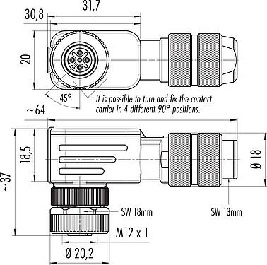 Scale drawing M12 Female angled connector, Contacts: 5, 5.0-8.0 mm, shieldable, screw clamp, IP67, UL 2238, iris spring