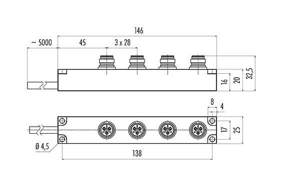Scale drawing Snap-In 4-way distributor, Contacts: 3, unshielded, moulded on the cable, IP67, 3 x 0.75 mm²