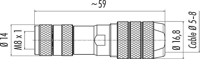 Scale drawing M8 Female cable connector, Contacts: 4, 5.0-8.0 mm, shieldable, screw clamp, IP67, M8x1.0, iris spring