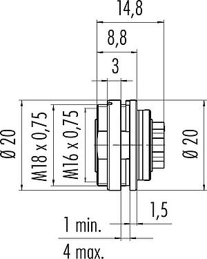 Scale drawing M16 Female panel mount connector, Contacts: 8 (08-a), unshielded, crimping (Crimp contacts must be ordered separately), IP40, M18x0,75, Rear mounting