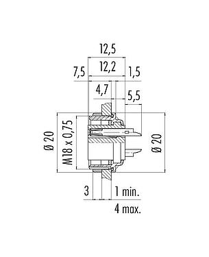 比例图 M16 孔头法兰座, 极数: 4 (04-a), 非屏蔽, 焊接, IP67, UL 2238, M18x0,75, 後壁安裝