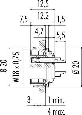Scale drawing M16 Female panel mount connector, Contacts: 3 (03-a), unshielded, solder, IP67, UL 2238, M18x0,75, Rear mounting