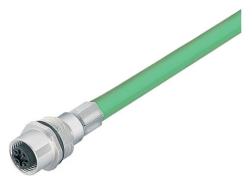 Illustration M12 Female panel mount connector, Contacts: 4, shielded, with cable assembled, IP67, UL, M16x1.5, Profinet, PUR, green, 2 x 2 x AWG 22, Front mounting, 0.5 m