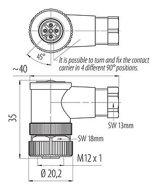 比例图 99 0524 24 04 - M12 弯角孔头电缆连接器, 极数: 4, 4.0-6.0mm, 非屏蔽, 笼式弹簧, IP67